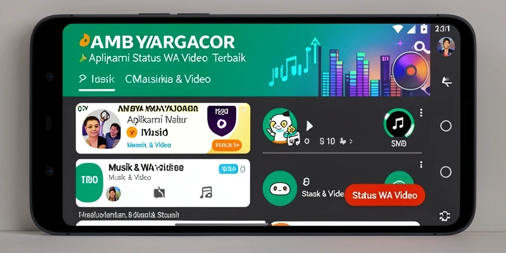 Tampilan antarmuka <strong>AMBYARGACOR</strong> dengan pilihan video musik untuk status WA.